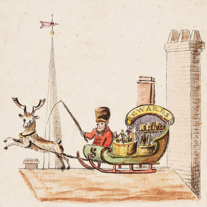 An engraved illustration of Santa Claus in a sleigh being pulled by a white reindeer