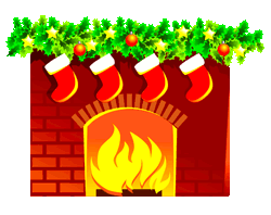 A fireplace with a hanging stockings