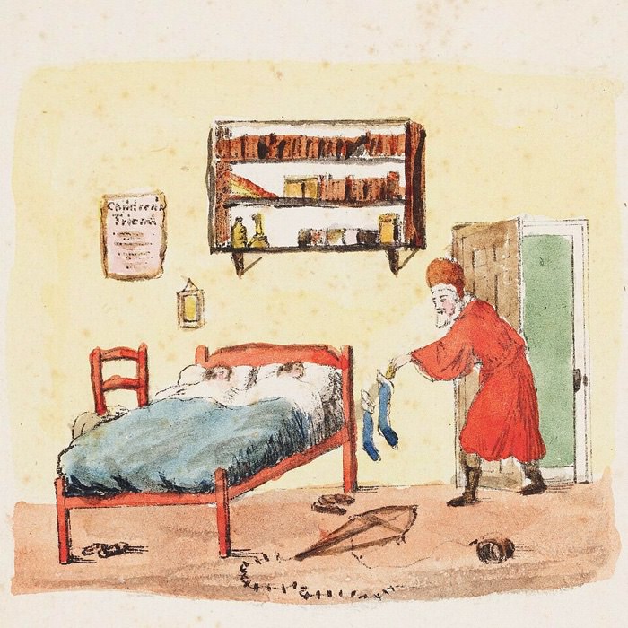 An engraved illustration of Santa Claus leaving presents in two stockings next to two children's beds