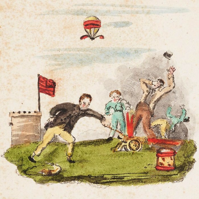 An engraved illustration of four boys letting off a toy canon
