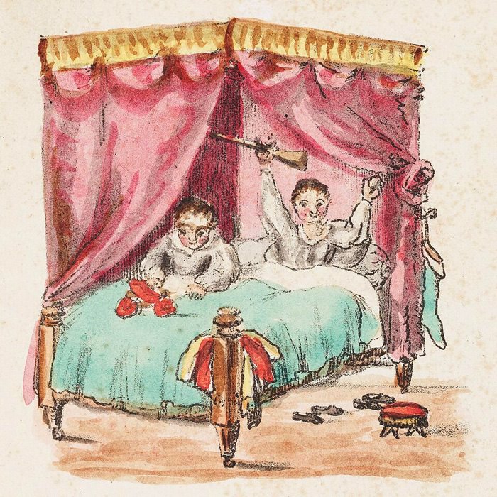 An engraved illustration of two children sitting in bed and opening presents