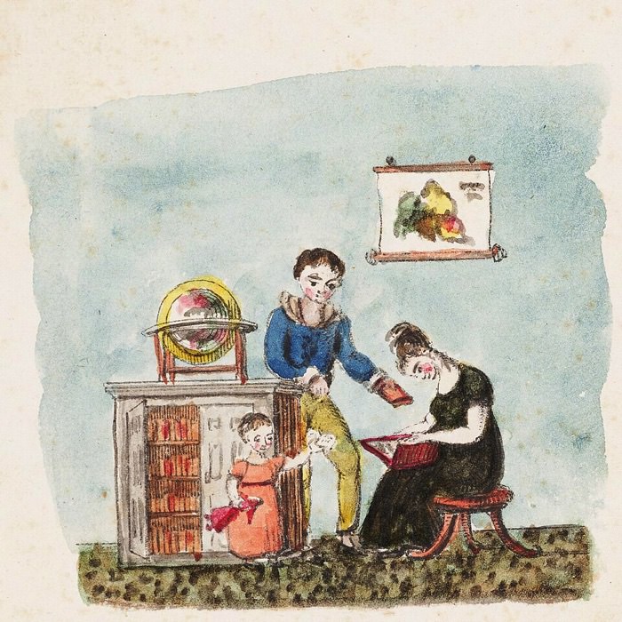 An engraved illustration of a family of a mother, father and small girl exchanging gifts