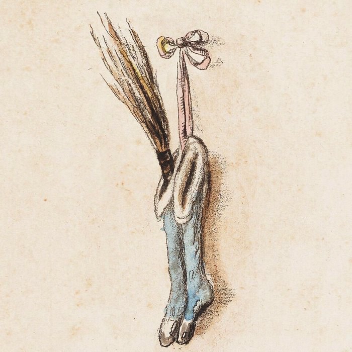 An engraved illustration of two stockings hanging on a wall. One had a bundle of sticks in it